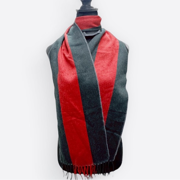 Auth Gucci Wool Cashmere Gray Red Striped Scatf Wrap Stole Muffler Ex+ - Picture 6 of 13